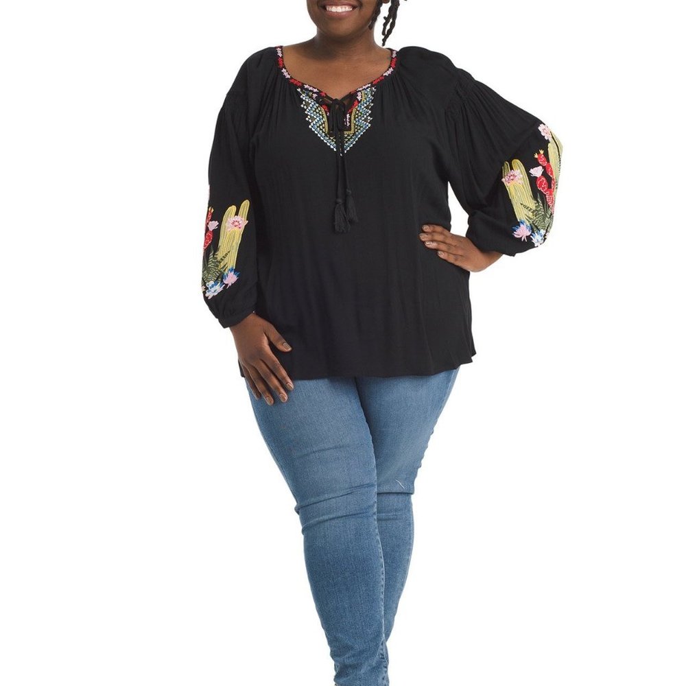 new andree by unit embroidered southwest cactus blouse